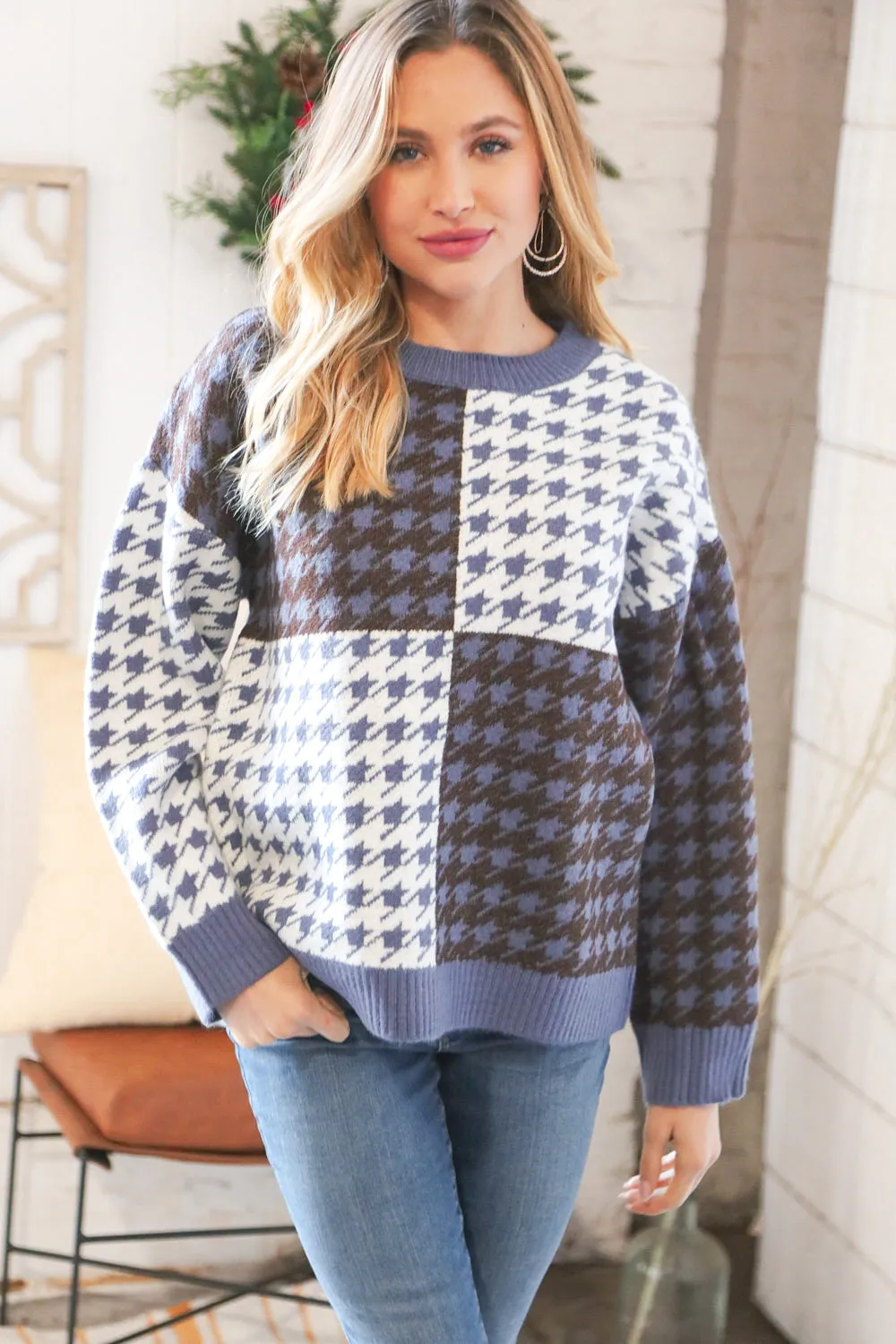 Blue & White Holiday Pattern Ribbed Knit Sweater