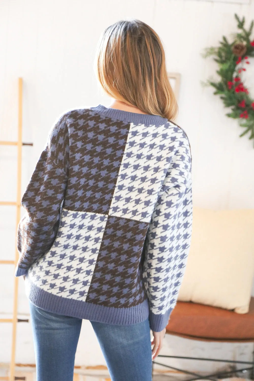 Blue & White Holiday Pattern Ribbed Knit Sweater