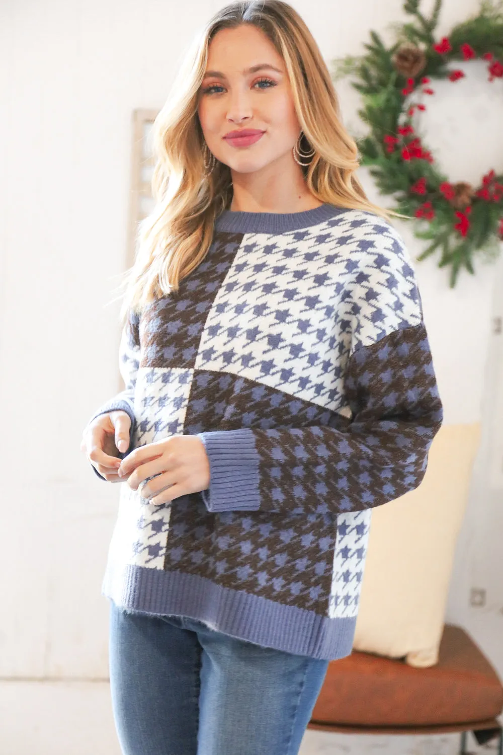 Blue & White Holiday Pattern Ribbed Knit Sweater