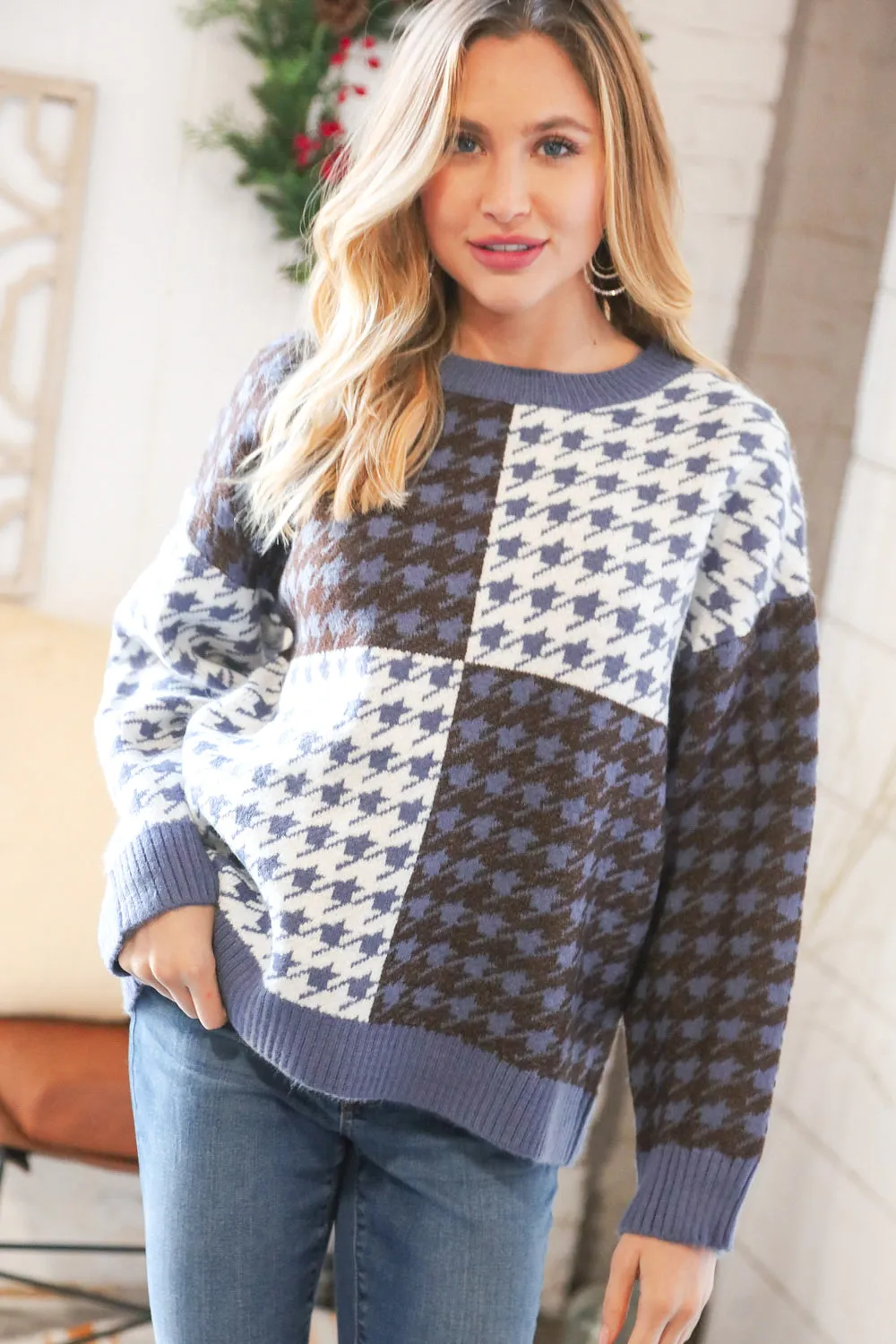Blue & White Holiday Pattern Ribbed Knit Sweater