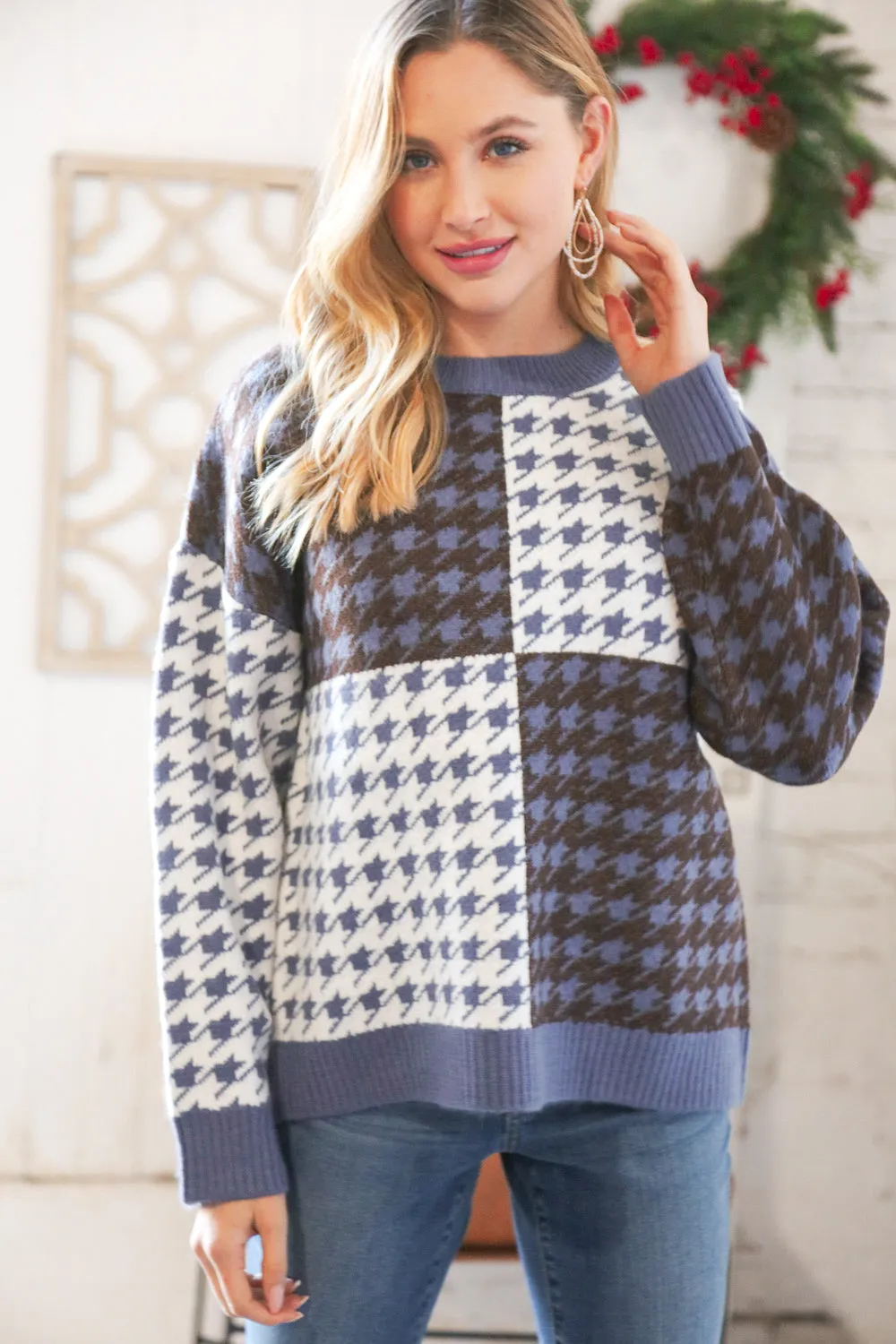 Blue & White Holiday Pattern Ribbed Knit Sweater