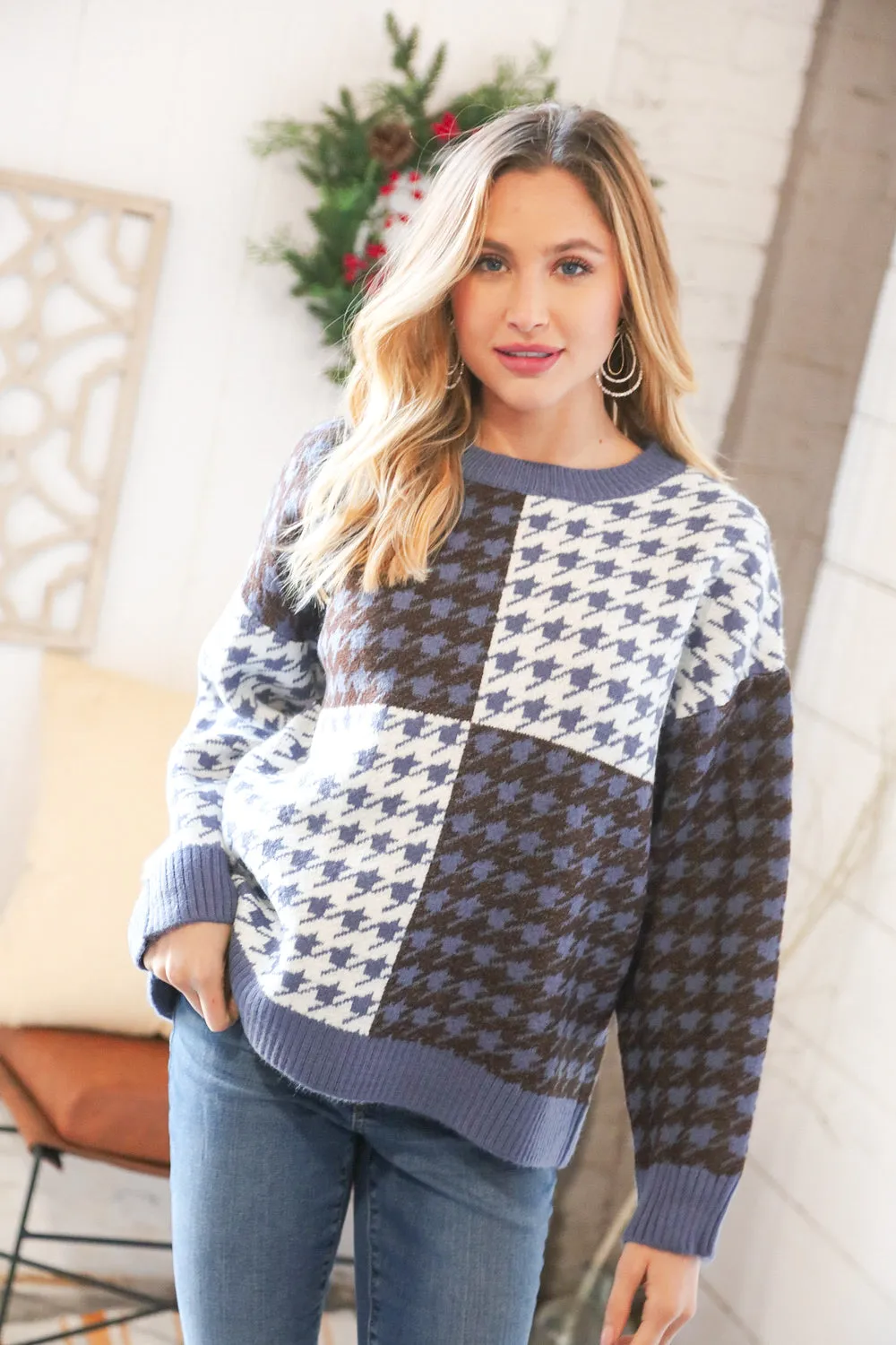 Blue & White Holiday Pattern Ribbed Knit Sweater