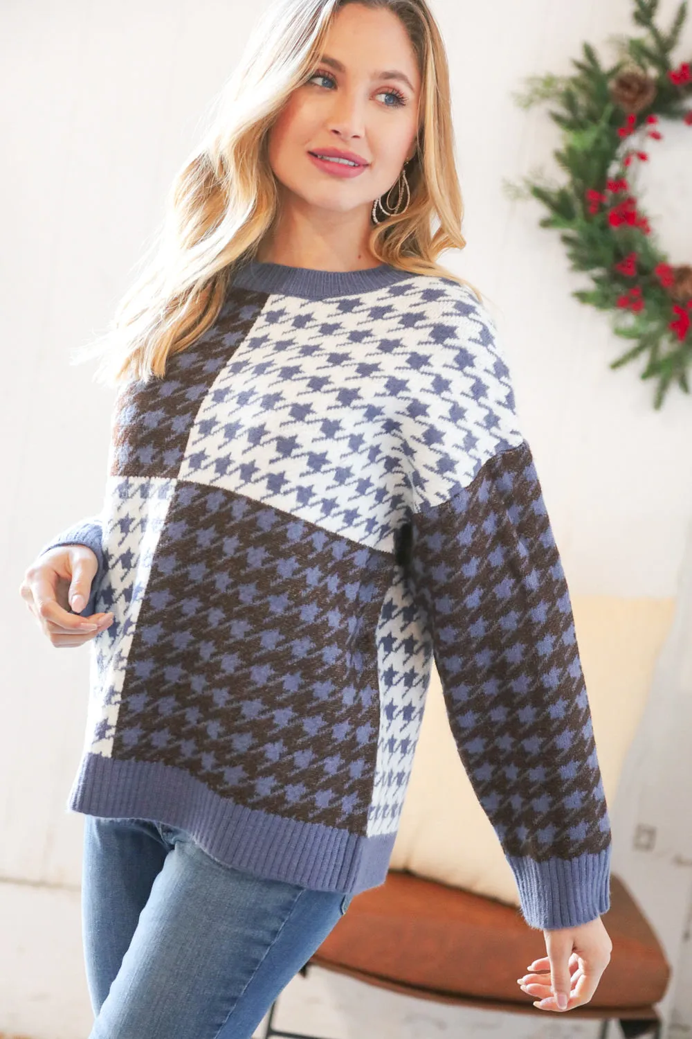 Blue & White Holiday Pattern Ribbed Knit Sweater