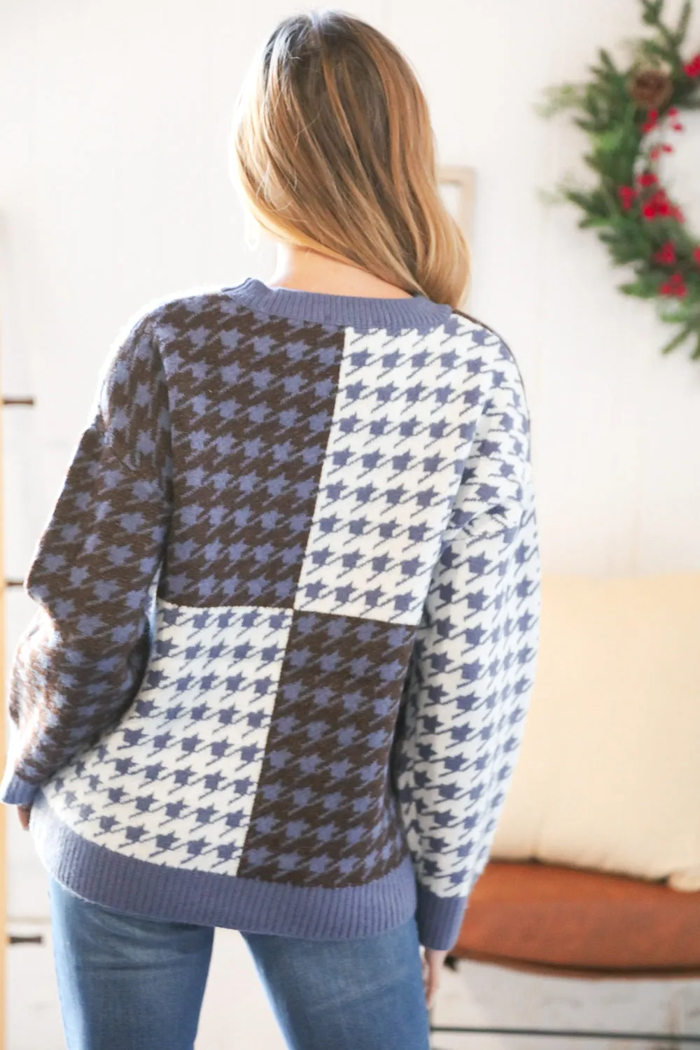 Blue & White Holiday Pattern Ribbed Knit Sweater