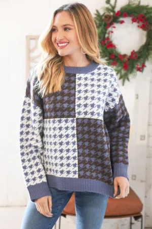 Blue & White Holiday Pattern Ribbed Knit Sweater