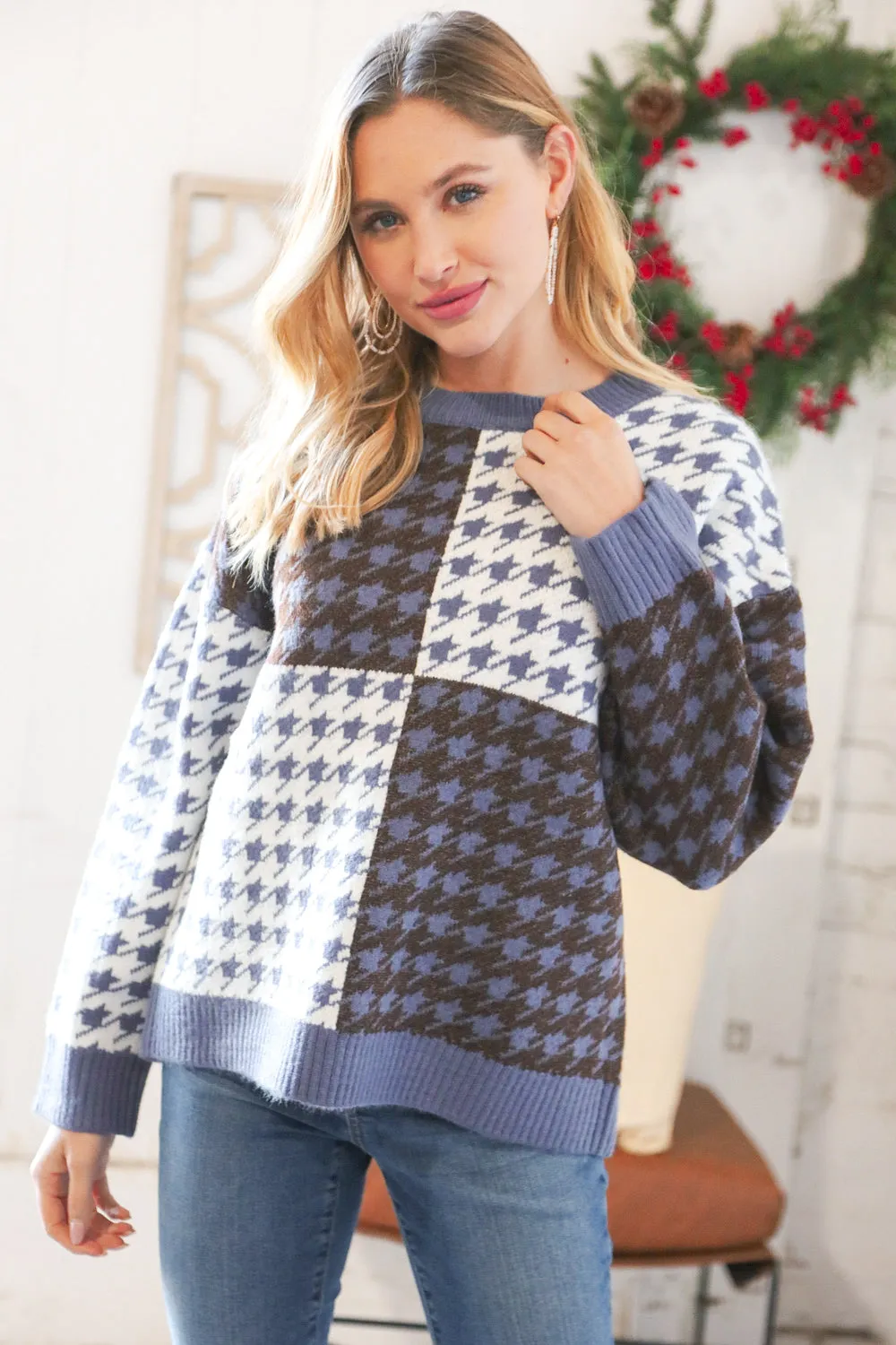 Blue & White Holiday Pattern Ribbed Knit Sweater
