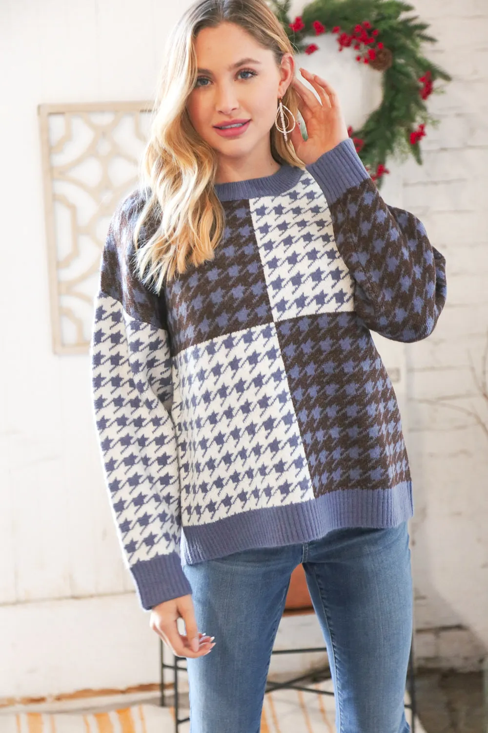 Blue & White Holiday Pattern Ribbed Knit Sweater