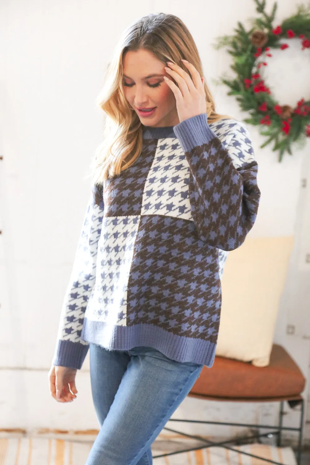 Blue & White Holiday Pattern Ribbed Knit Sweater