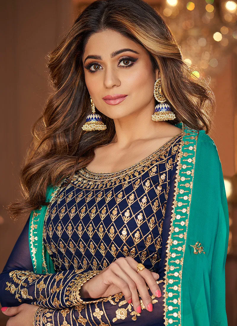 Blue And Turquoise Embroidered Peplum Top and Lehenga
