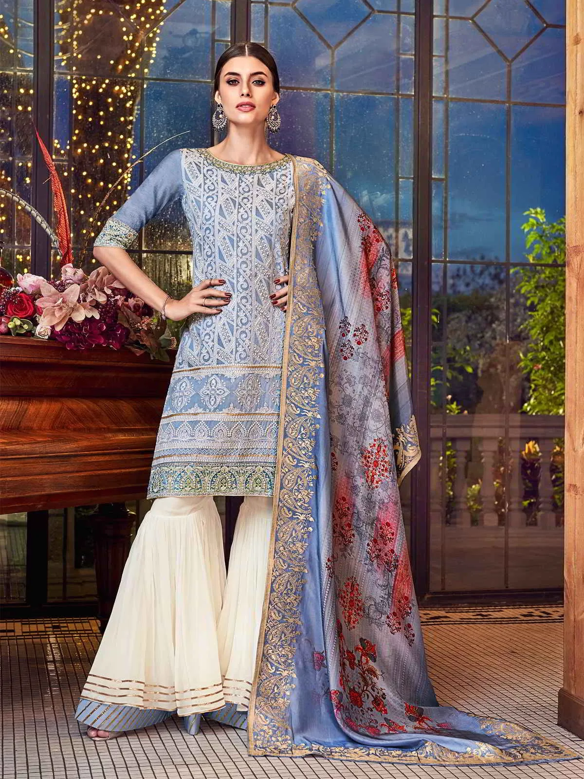 Blue Beige Multi Embroidered Lucknowi Gharara Palazzo Suit