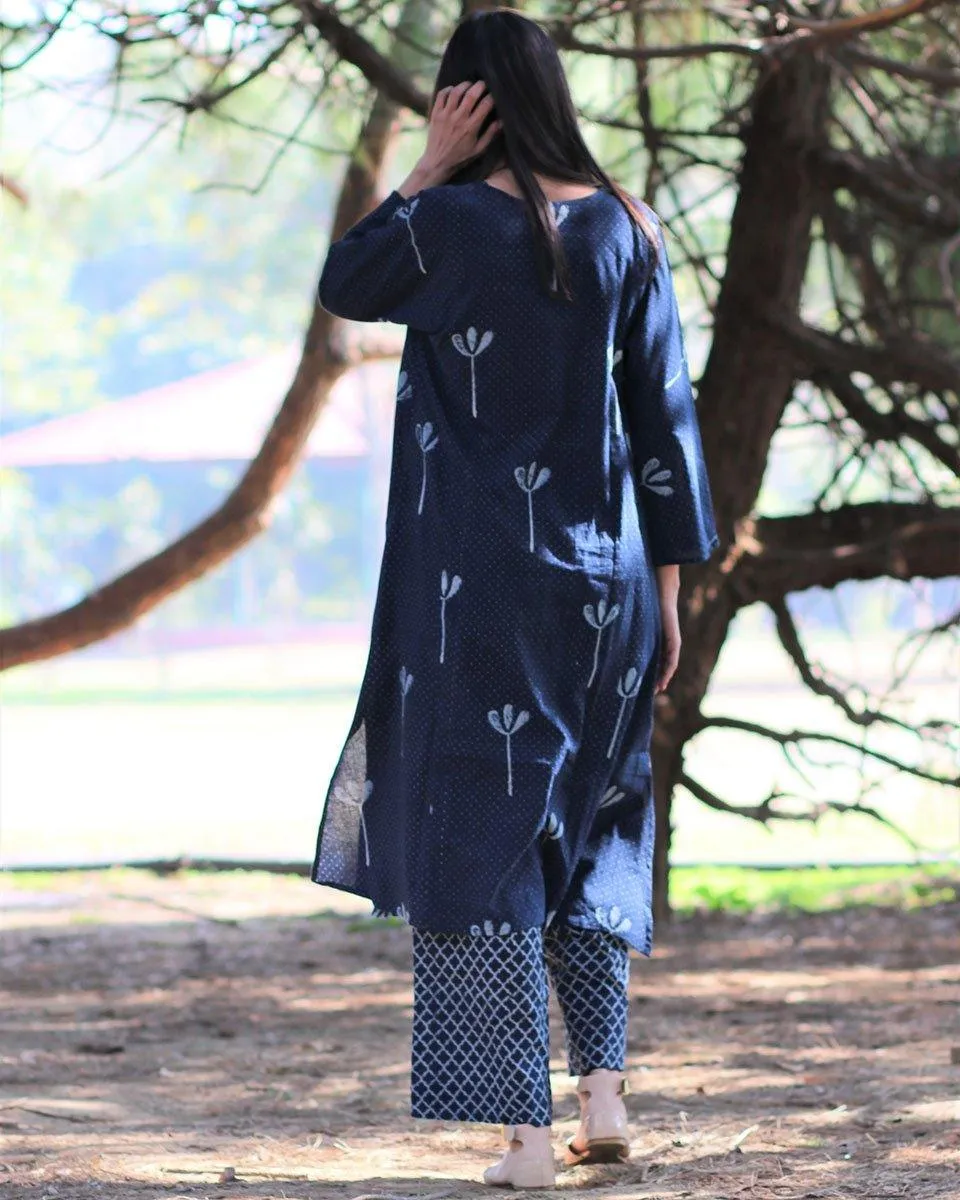 Blue Blockprinted Cotton Kurta With Palazzo (Set Of 2)