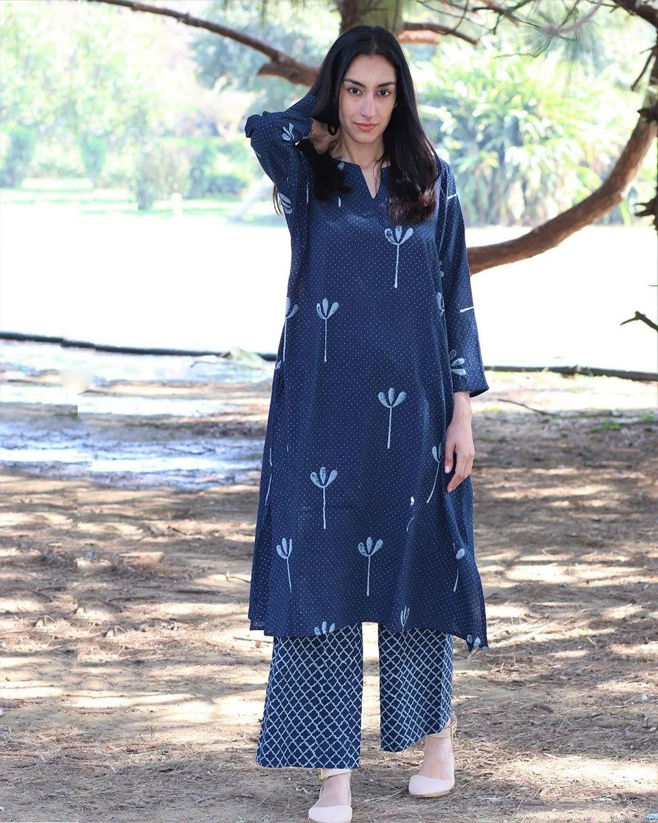 Blue Blockprinted Cotton Kurta With Palazzo (Set Of 2)