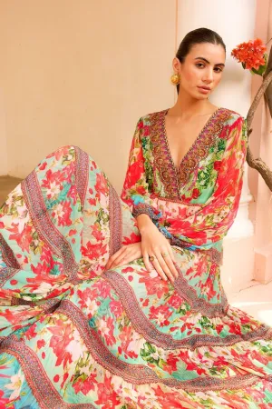 BLUE BLOSSOM VN SHIRRED MAXI DRESS
