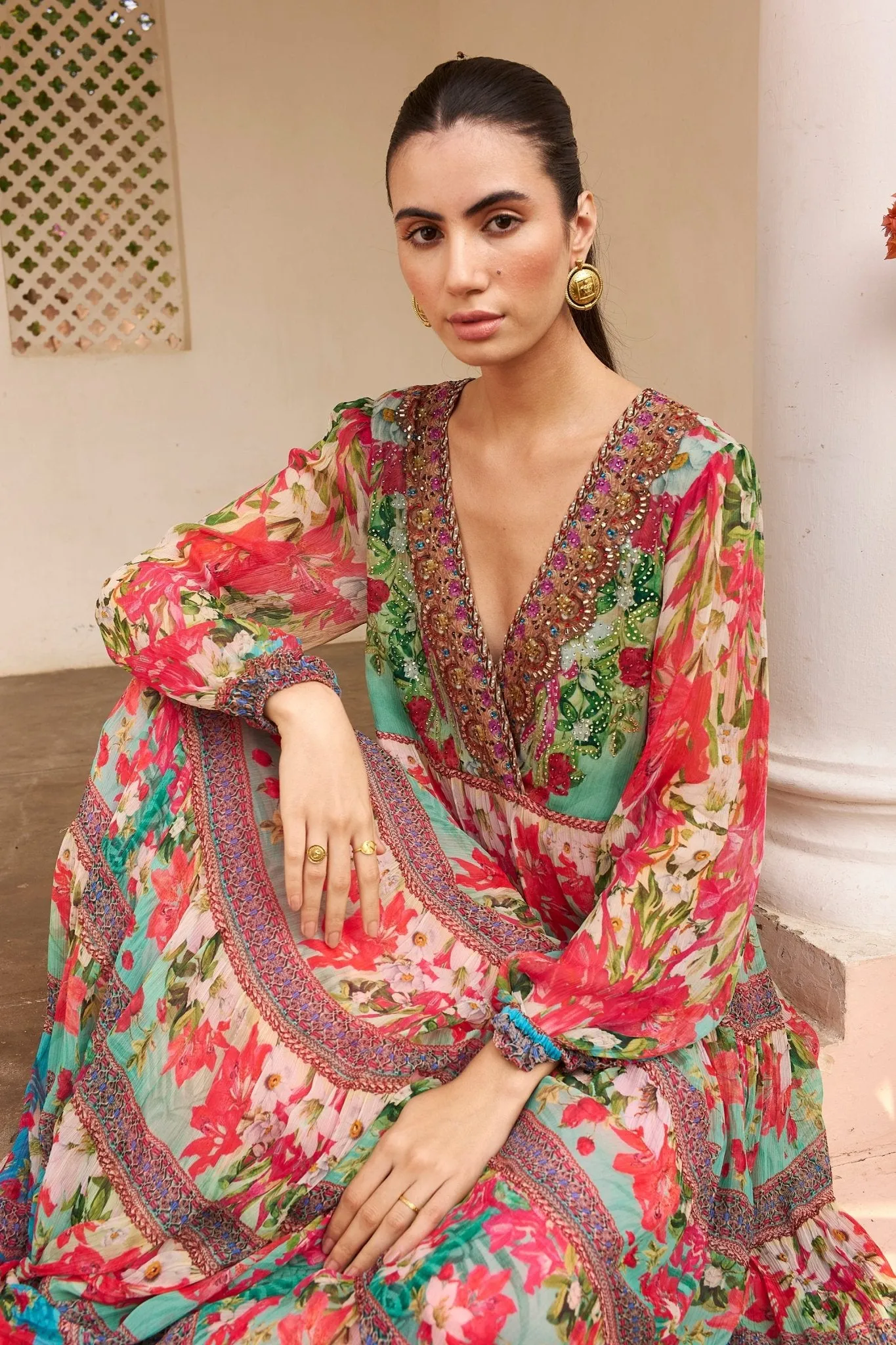BLUE BLOSSOM VN SHIRRED MAXI DRESS