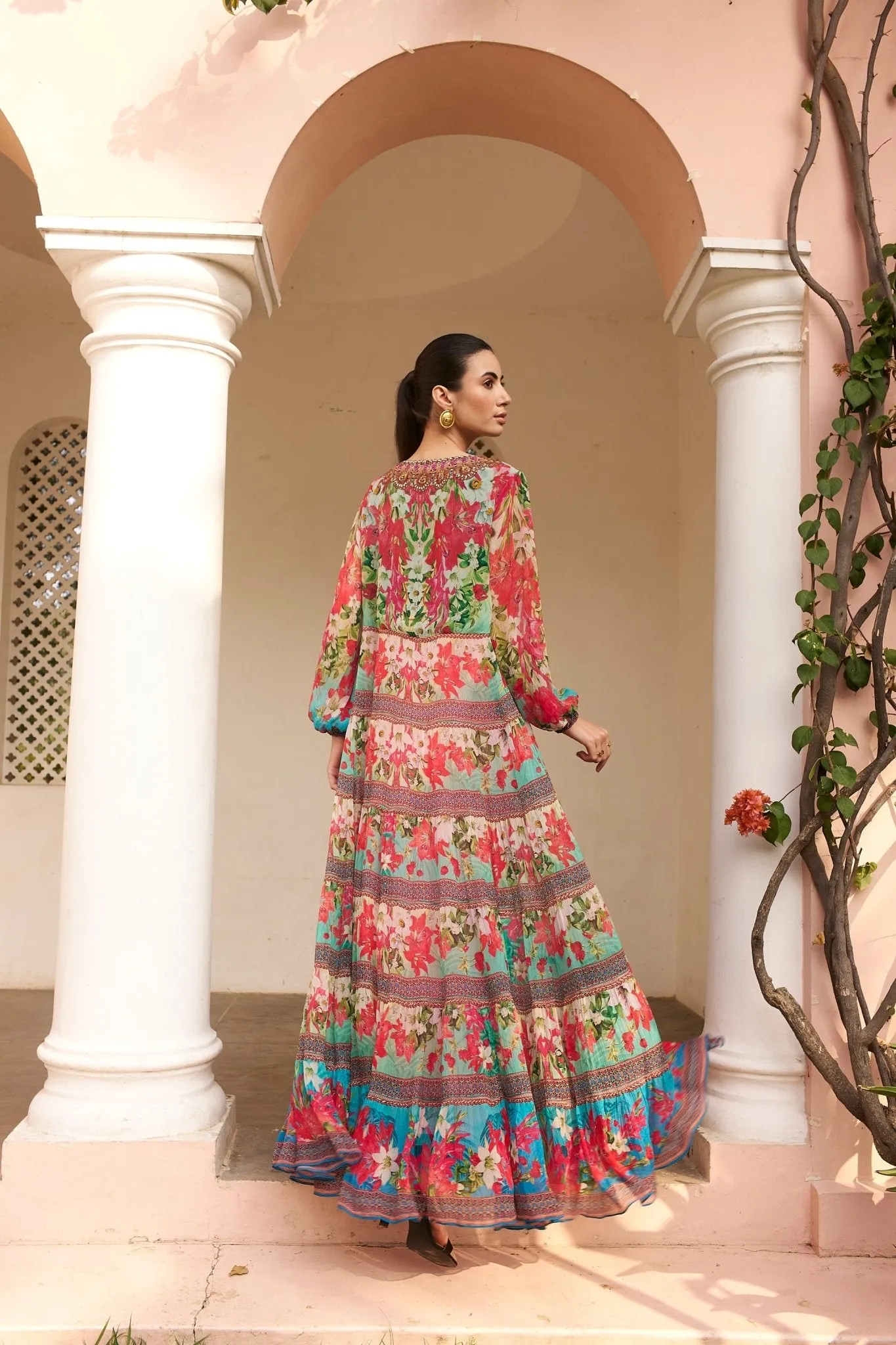 BLUE BLOSSOM VN SHIRRED MAXI DRESS