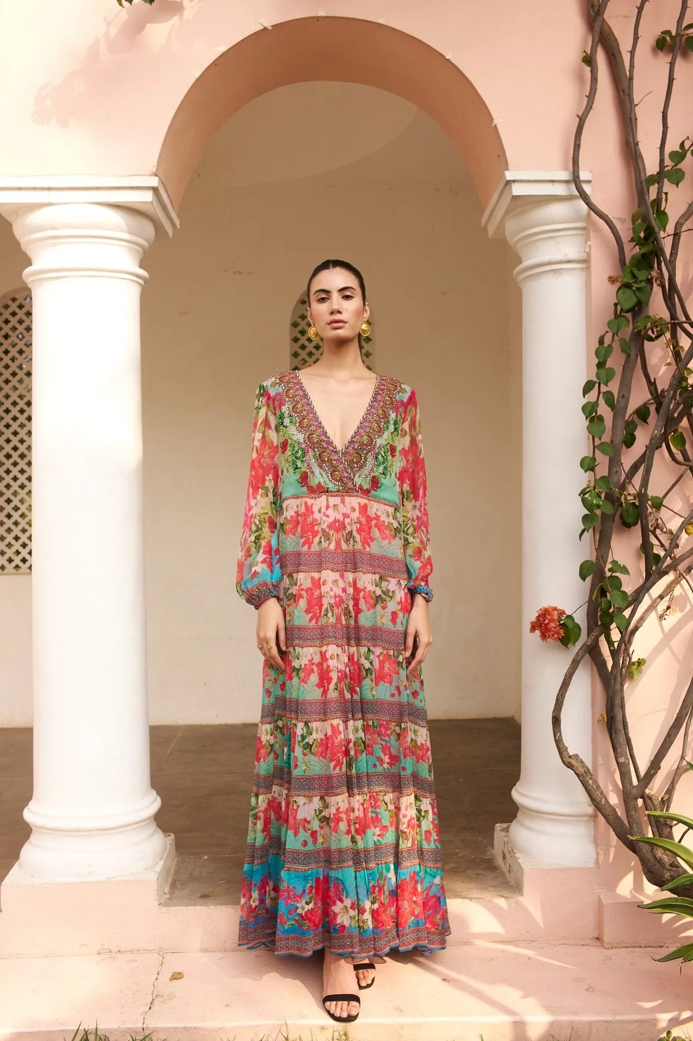 BLUE BLOSSOM VN SHIRRED MAXI DRESS
