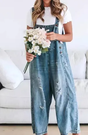 Blue Distressed Denim Overalls
