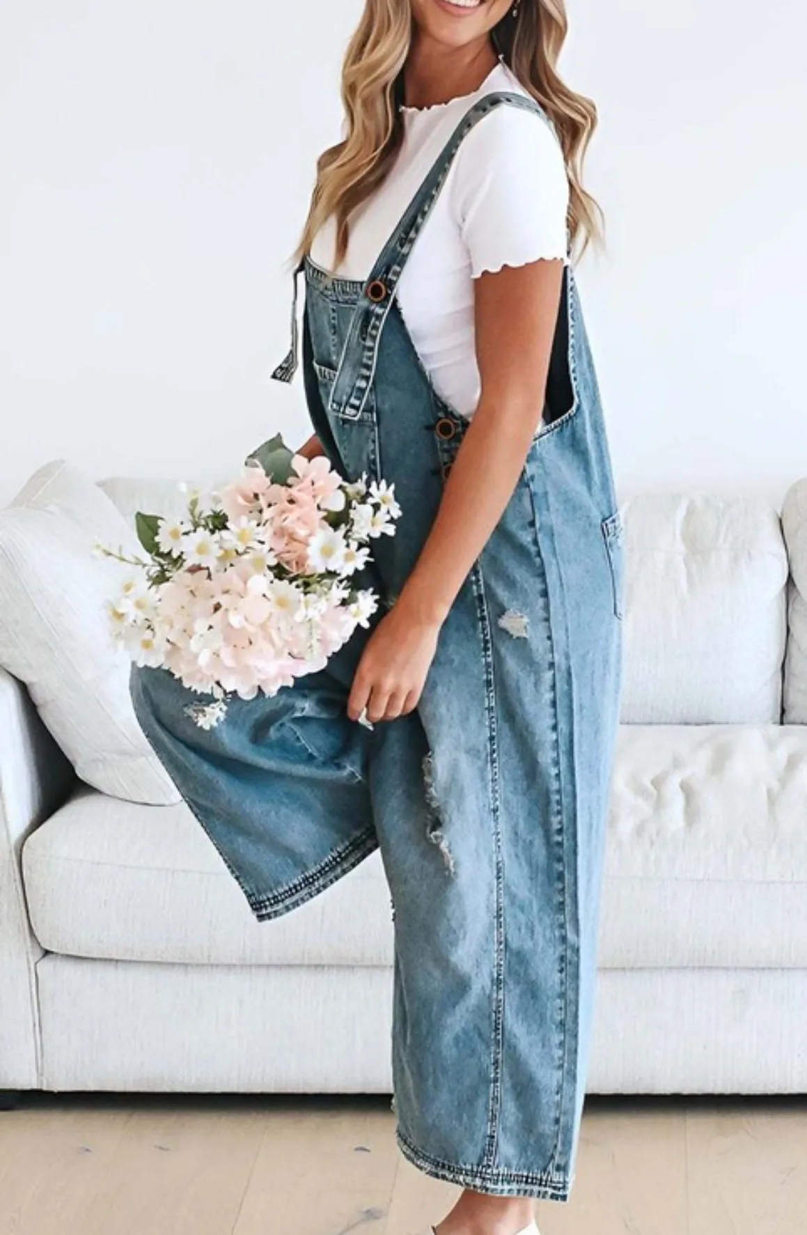 Blue Distressed Denim Overalls