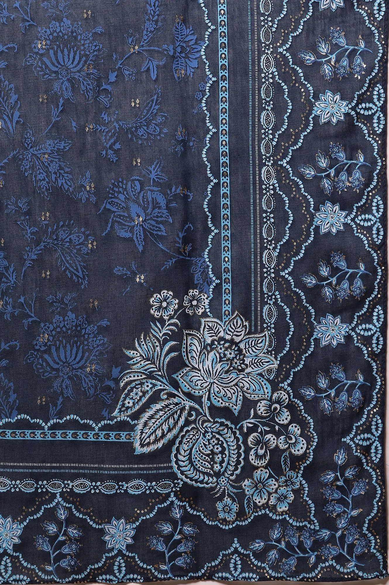 Blue Floral Printed Kurta with Zari Embroidery