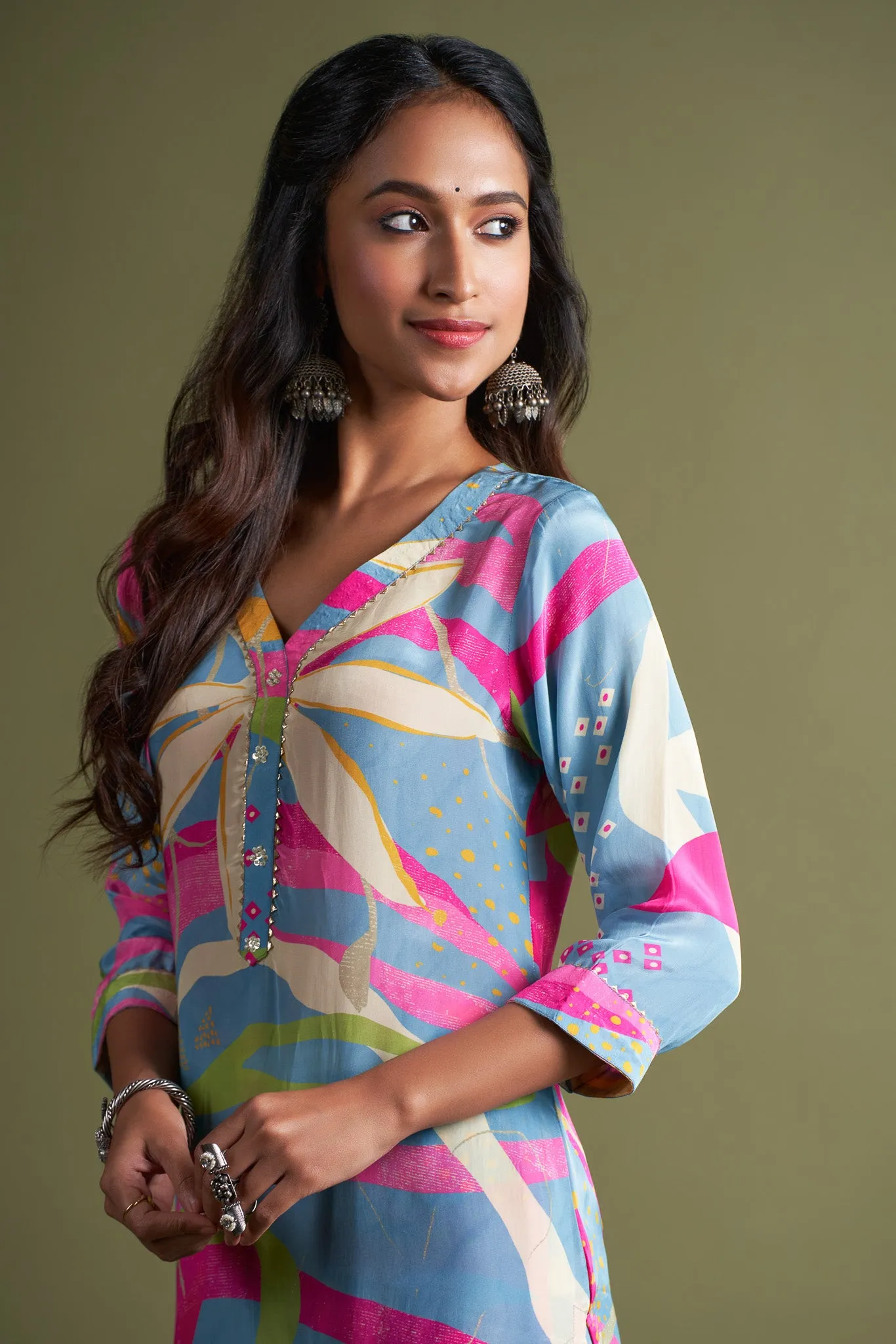 Blue Geometric Printed Viscose Muslin Kurta Set