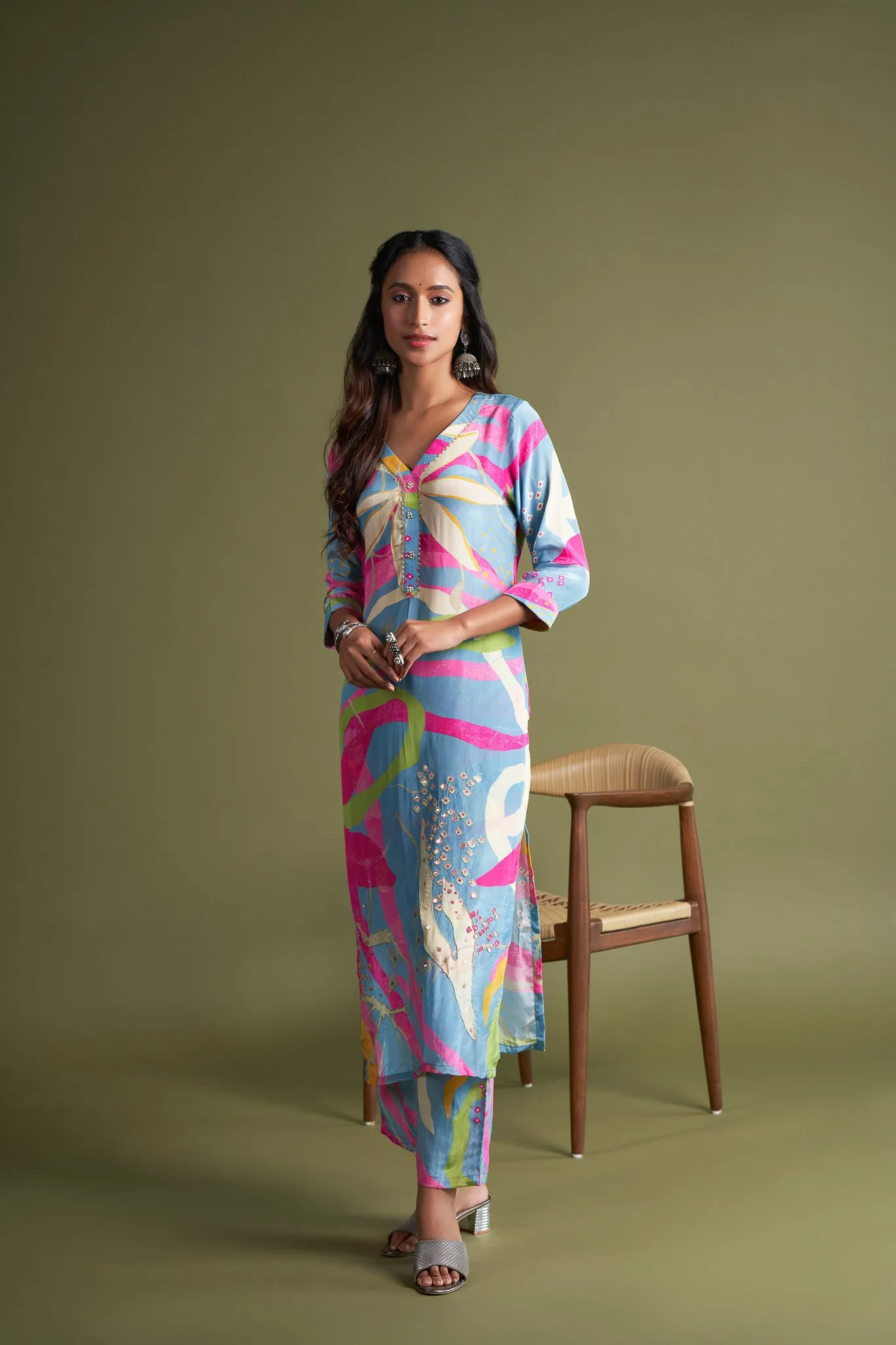 Blue Geometric Printed Viscose Muslin Kurta Set