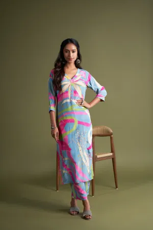 Blue Geometric Printed Viscose Muslin Kurta Set