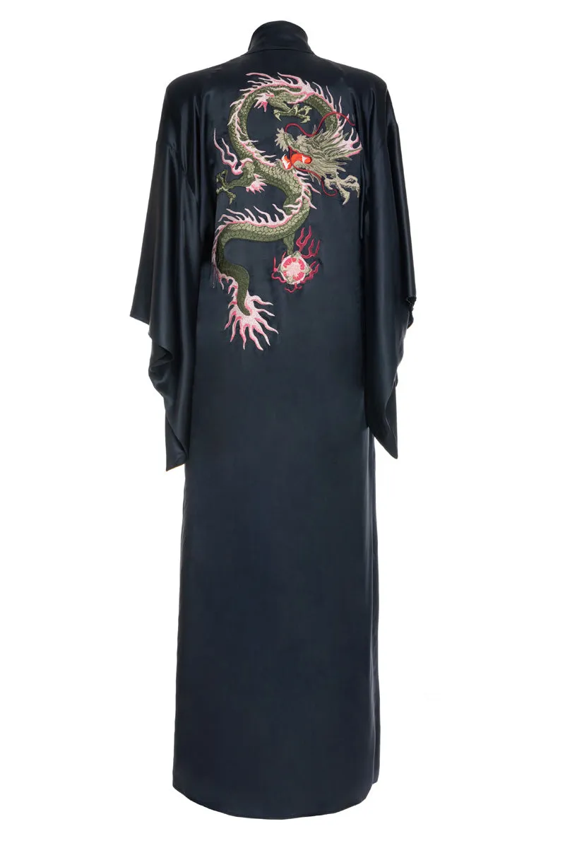 Blue Navy Pure Silk Dragon Kimono