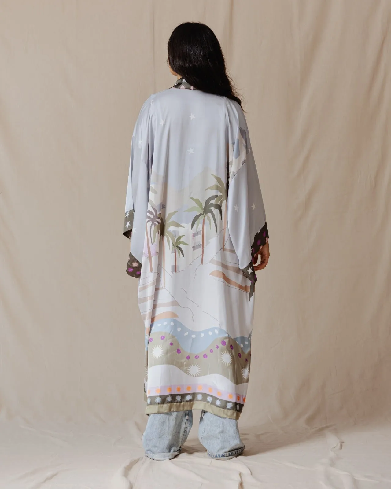 Blue Palm Valley Satin Kimono