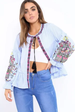 Blue Pinstripe Shirt with Embroidered Detailing - Emeline