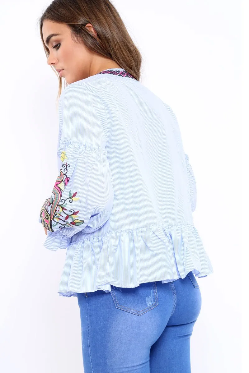 Blue Pinstripe Shirt with Embroidered Detailing - Emeline