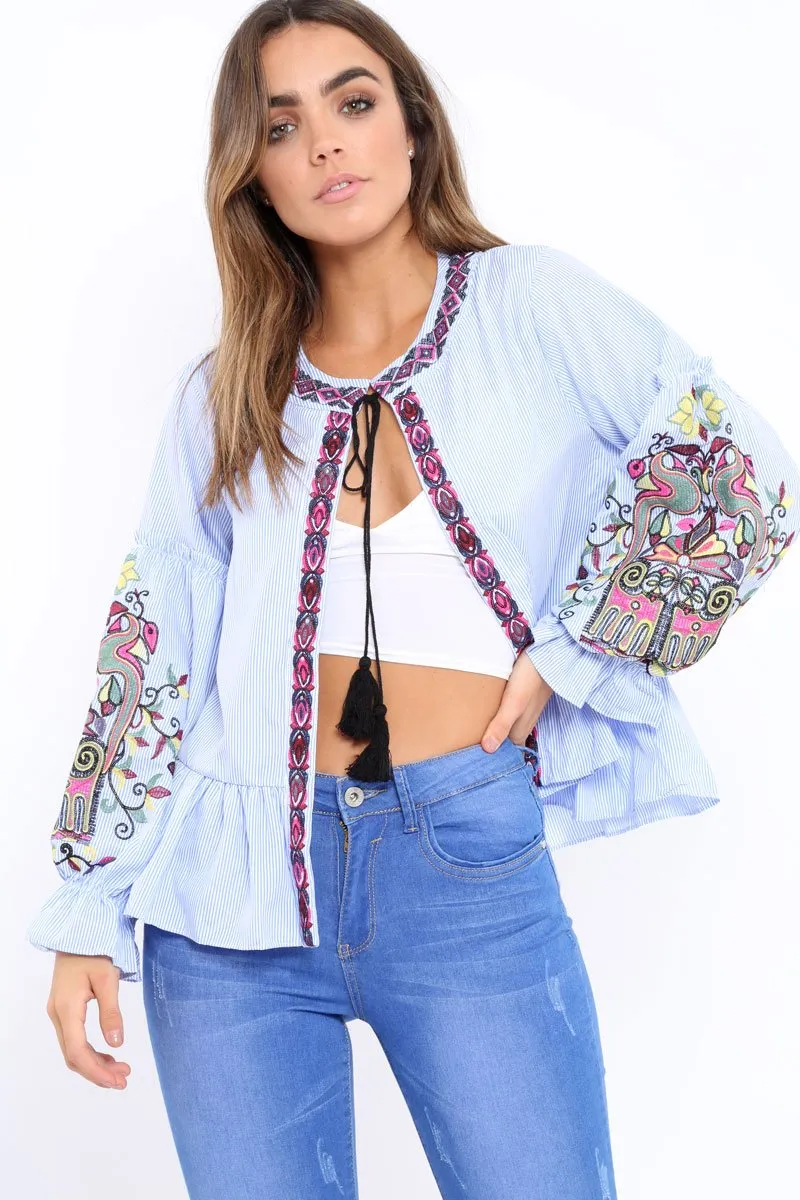 Blue Pinstripe Shirt with Embroidered Detailing - Emeline