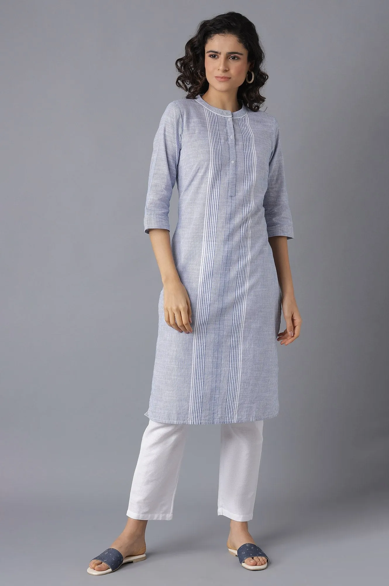 Blue Printed kurta-White Palazzo