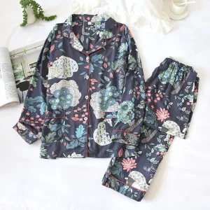 Blue satin pajamas with green print