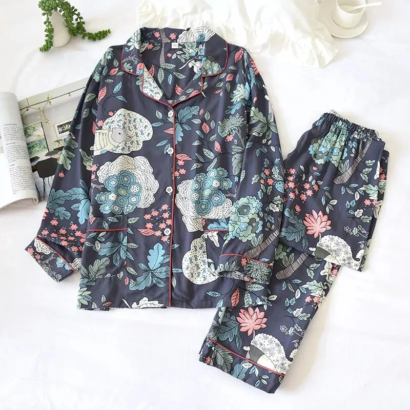 Blue satin pajamas with green print
