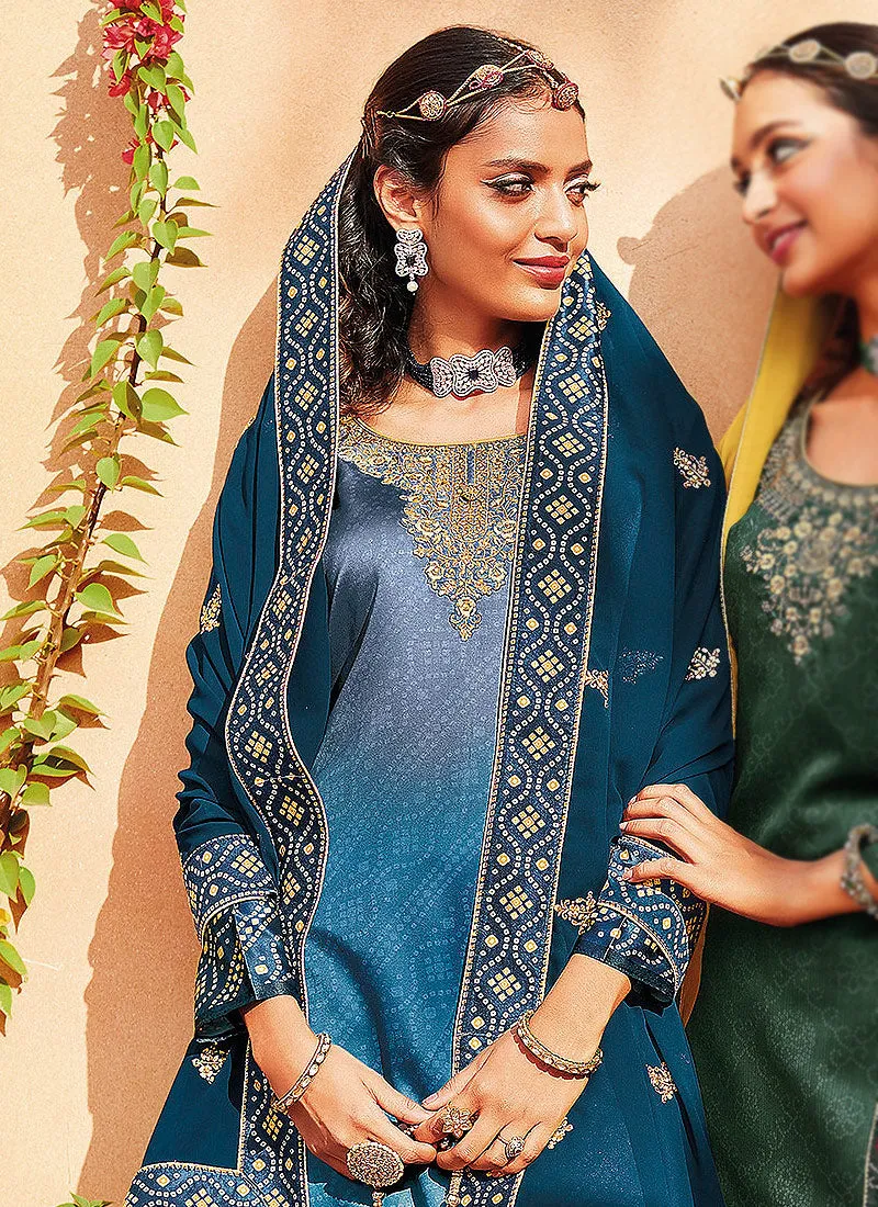 Blue Shaded Ethnic Embroidered Festive Palazzo Suit