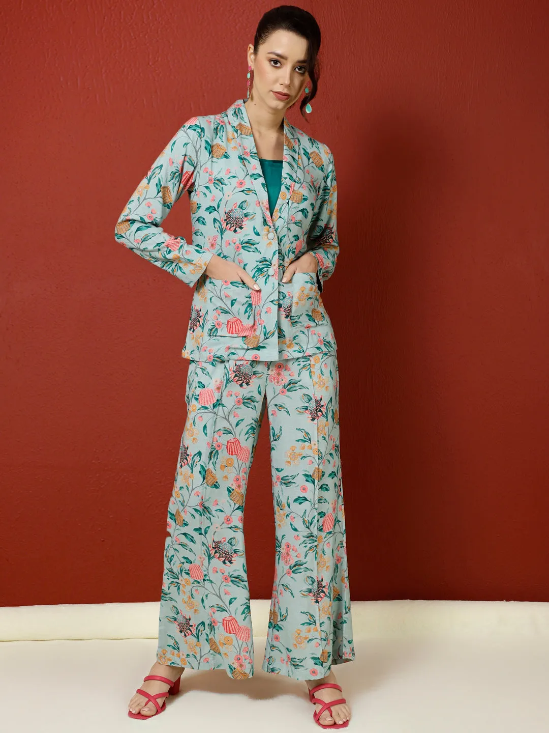 Blue Tropical Printed Jacket And Palazzo With Solid Crop Top