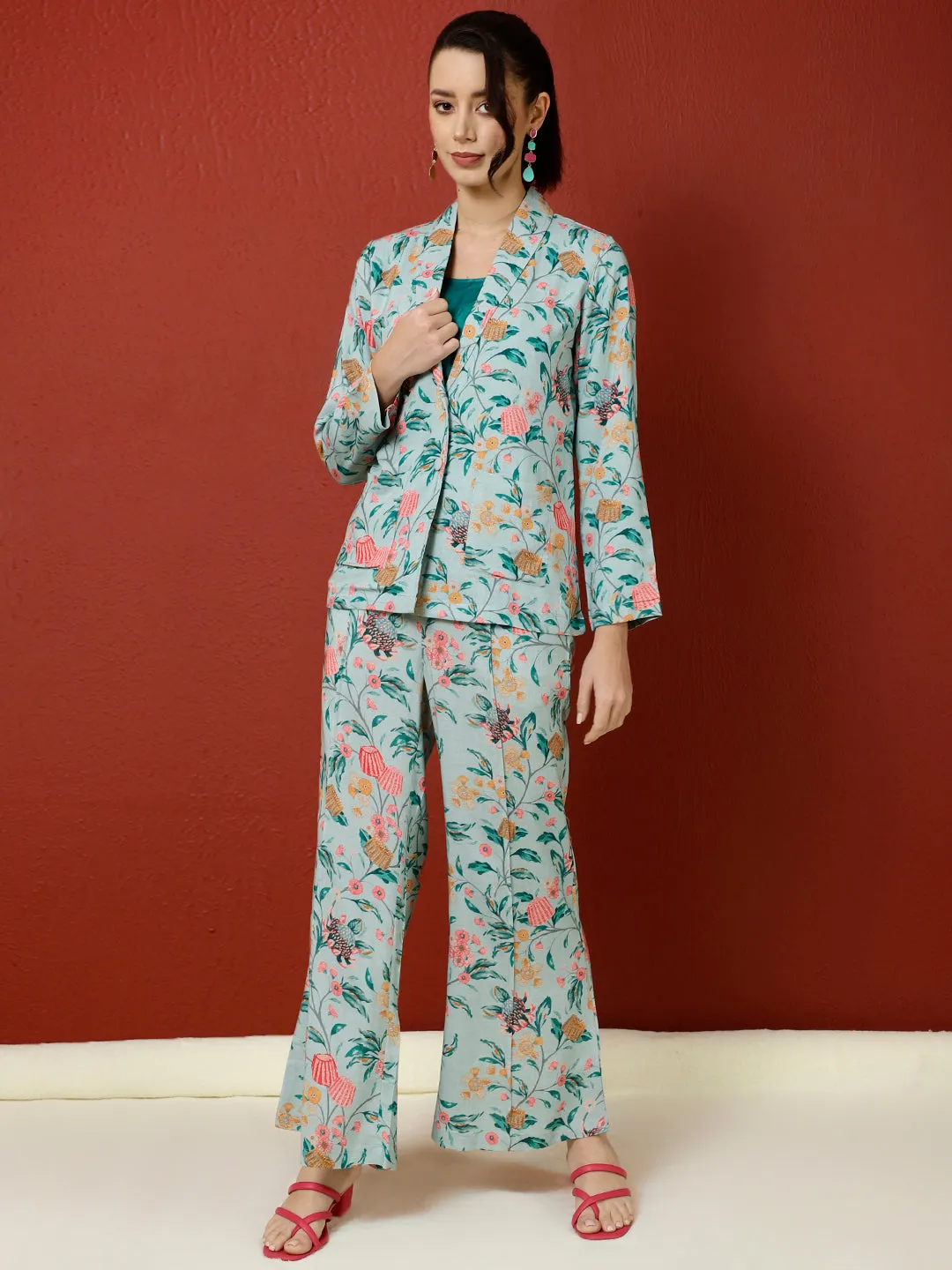 Blue Tropical Printed Jacket And Palazzo With Solid Crop Top