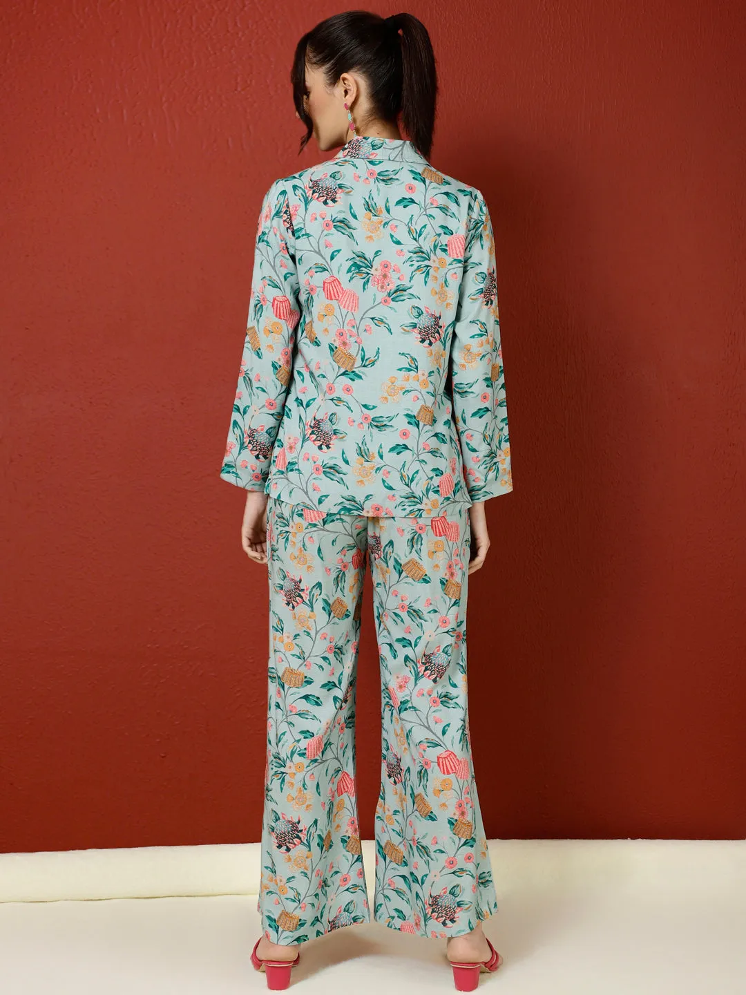 Blue Tropical Printed Jacket And Palazzo With Solid Crop Top