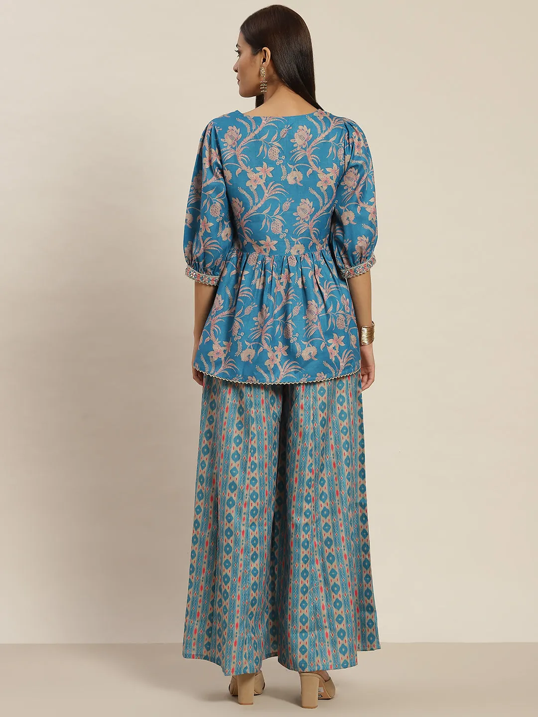 Blue Viscose Rayon Blend Digital Printed Peplum Top and Palazzo Co-Ord Set