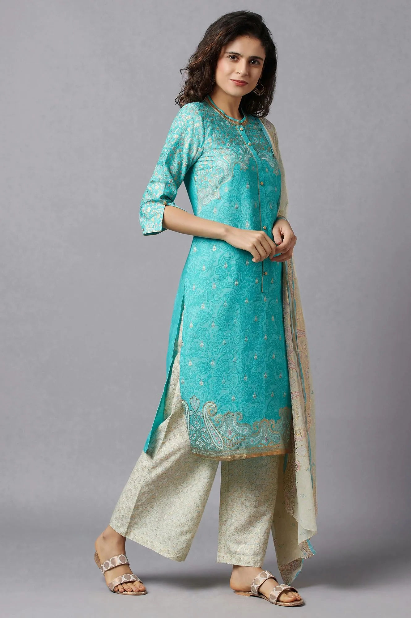 Blue Yarn-Dyed kurta White Flared Palazzo and Dupatta Set