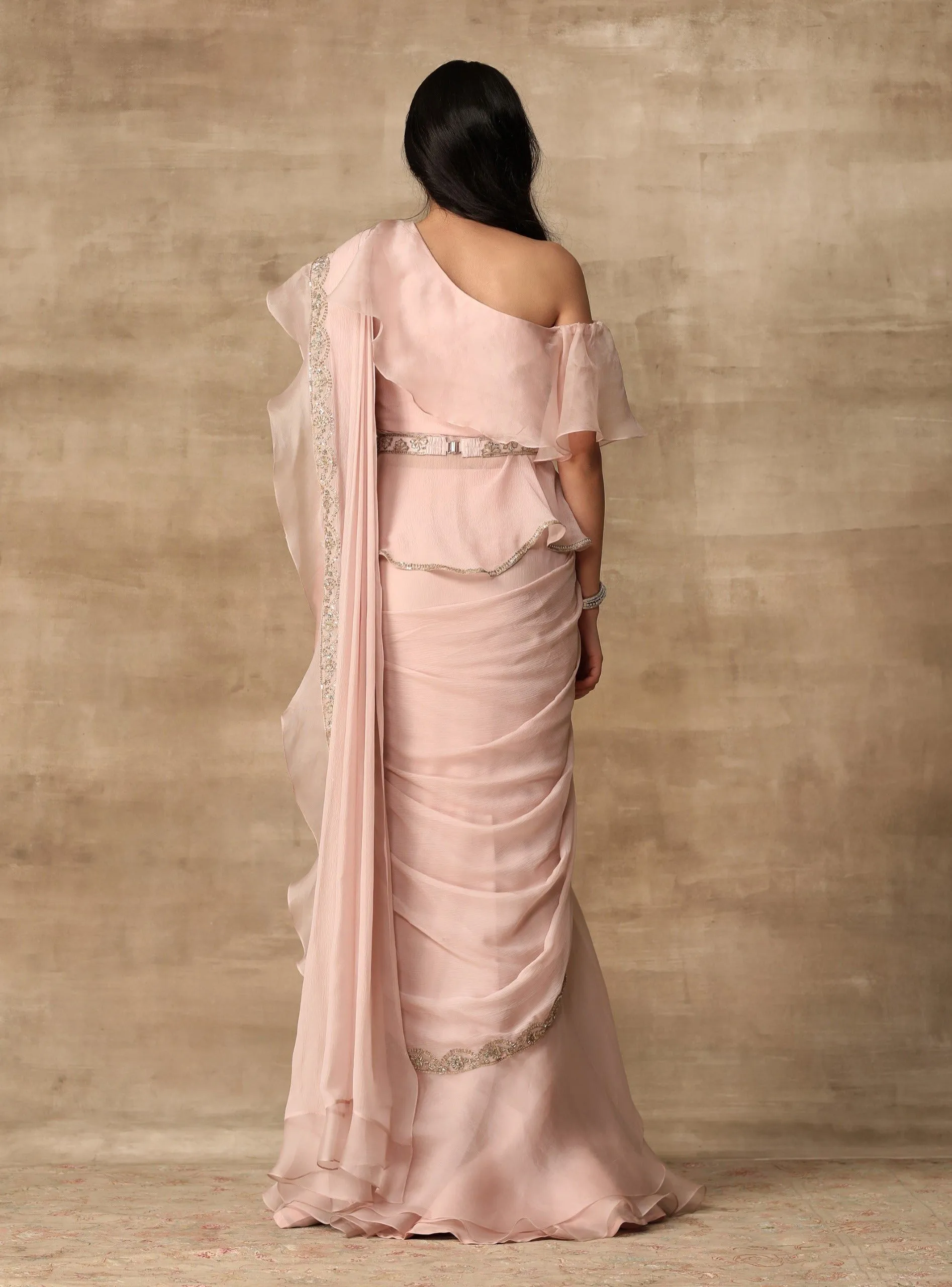 Blush Pink Draped Ruffle Sari Set