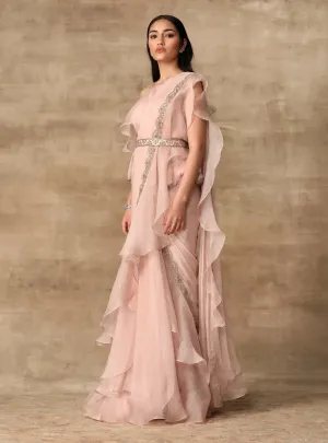 Blush Pink Draped Ruffle Sari Set