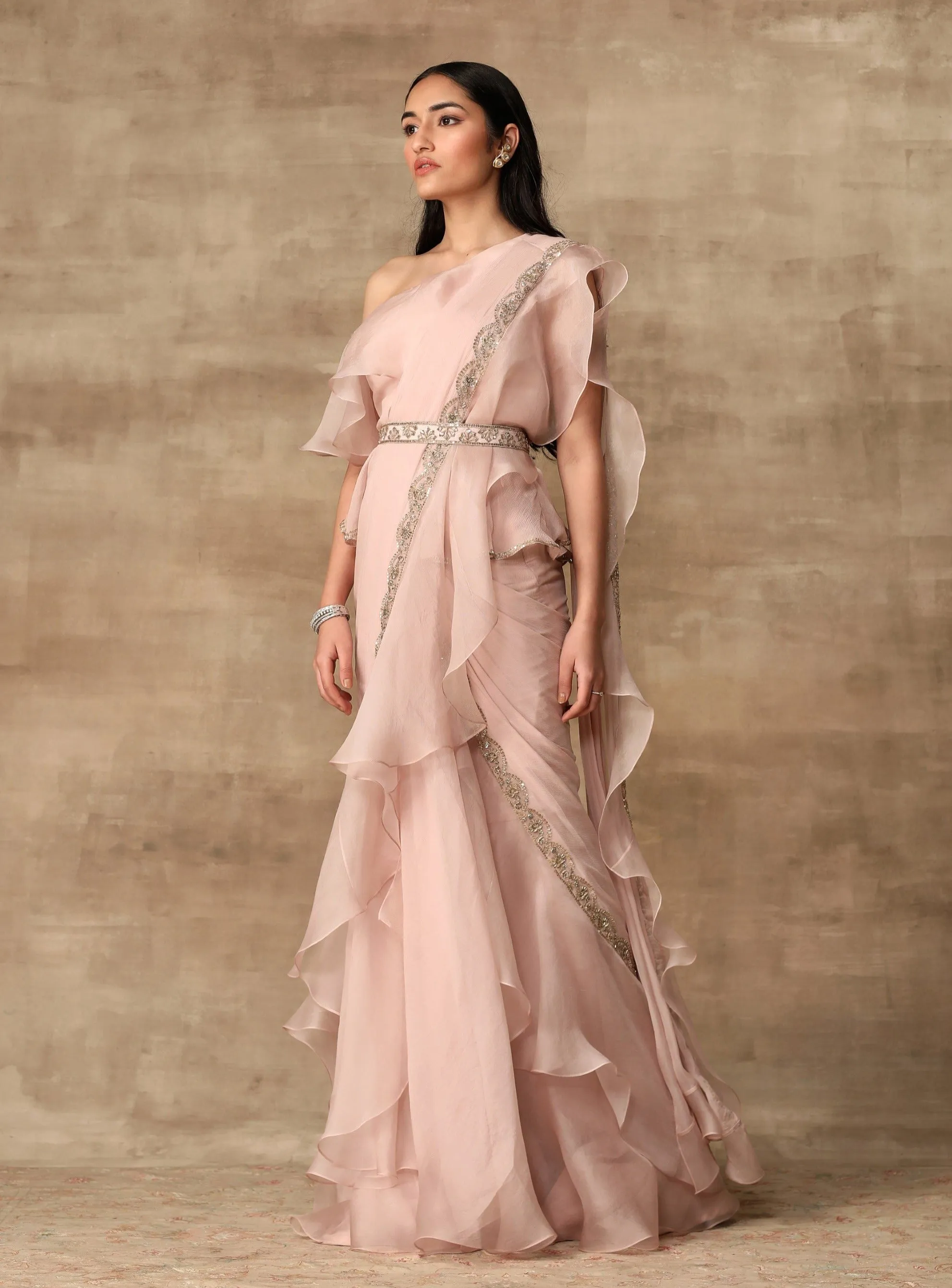 Blush Pink Draped Ruffle Sari Set