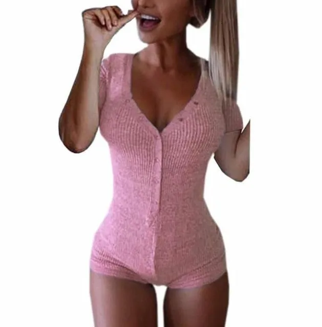 Bodysuit Women 2019 New Sexy Body Lady V Neck Long Sleeve Bodycon Jumpsuit Buttons Casual Pink Patchwork Knit Cotton Bodysuits