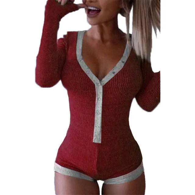 Bodysuit Women 2019 New Sexy Body Lady V Neck Long Sleeve Bodycon Jumpsuit Buttons Casual Pink Patchwork Knit Cotton Bodysuits