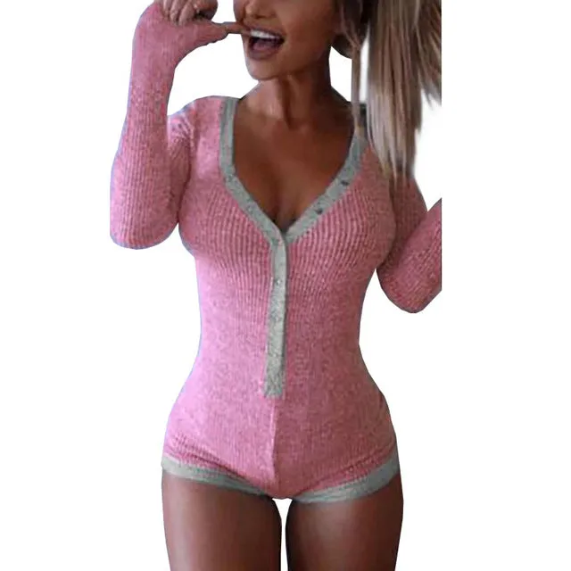 Bodysuit Women 2019 New Sexy Body Lady V Neck Long Sleeve Bodycon Jumpsuit Buttons Casual Pink Patchwork Knit Cotton Bodysuits