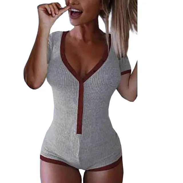 Bodysuit Women 2019 New Sexy Body Lady V Neck Long Sleeve Bodycon Jumpsuit Buttons Casual Pink Patchwork Knit Cotton Bodysuits