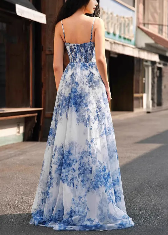 Bohemian Blue Print Side Open Chiffon Spaghetti Strap Dress Sleeveless