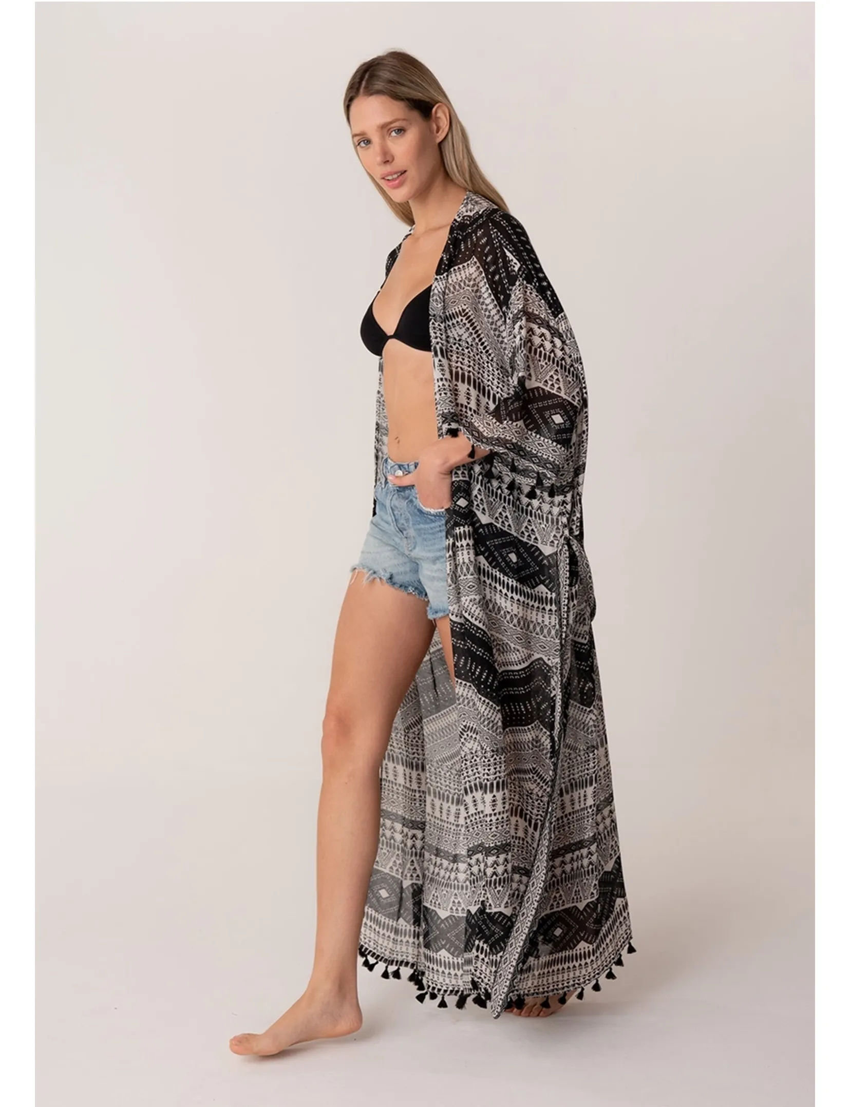 Bohemian Maxi Kimono, Black/Natural