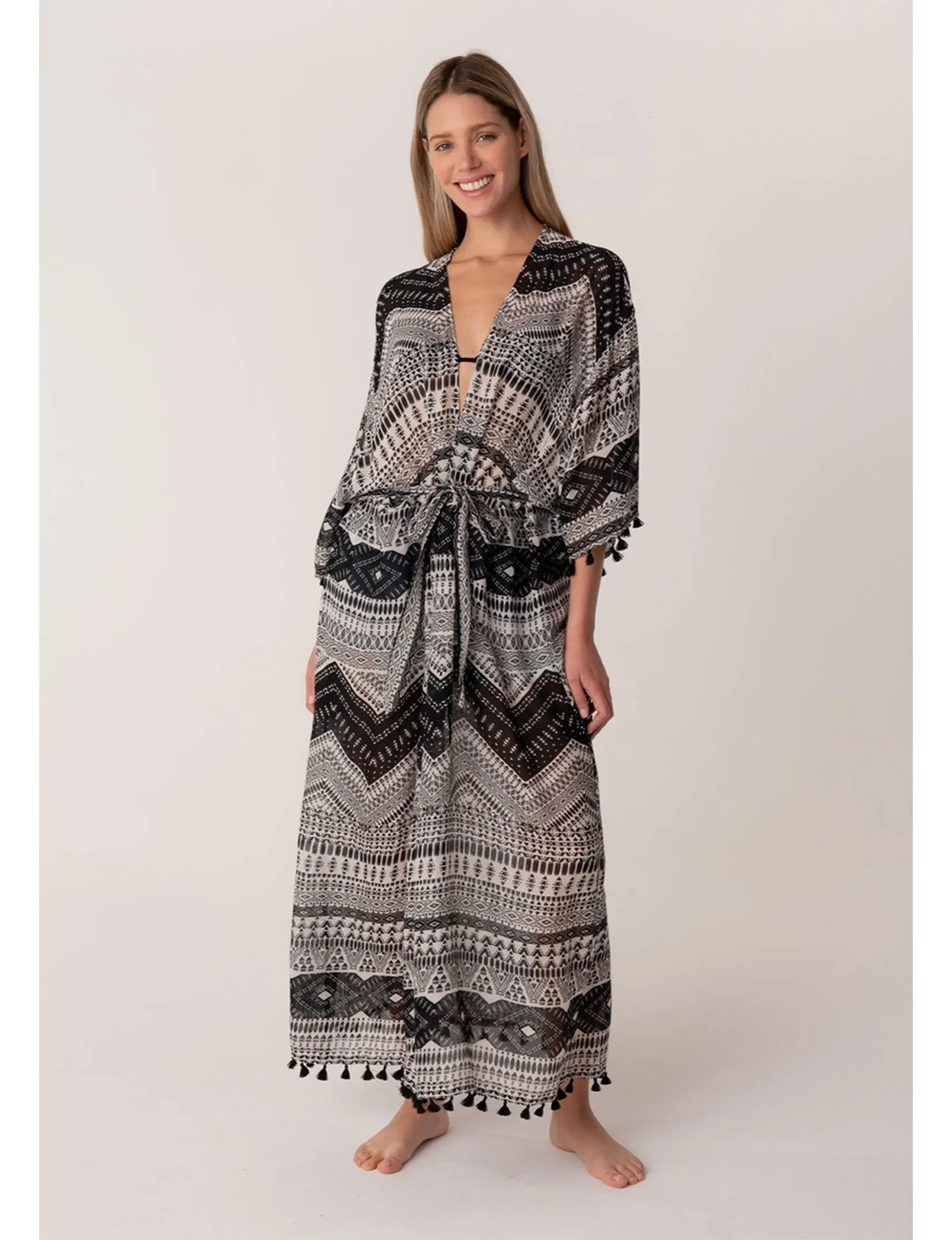 Bohemian Maxi Kimono, Black/Natural